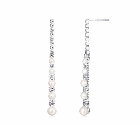 Line Zirconia Pearl Long Earrings - Sterling Silver
